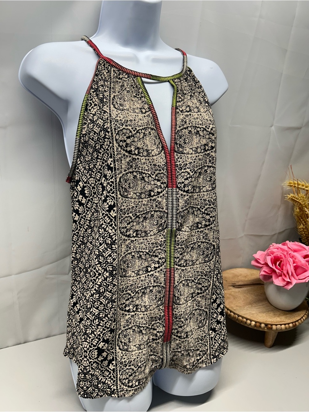 Lucky Brand Black & Cream Paisley Halter Tank with Neon Trim